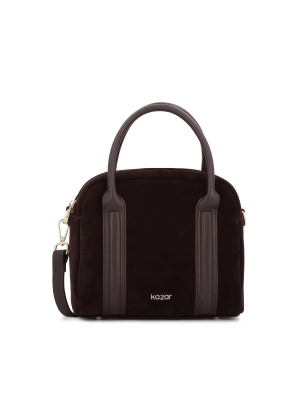 Tmavě hnědá semišová kabelka s koženými uchy