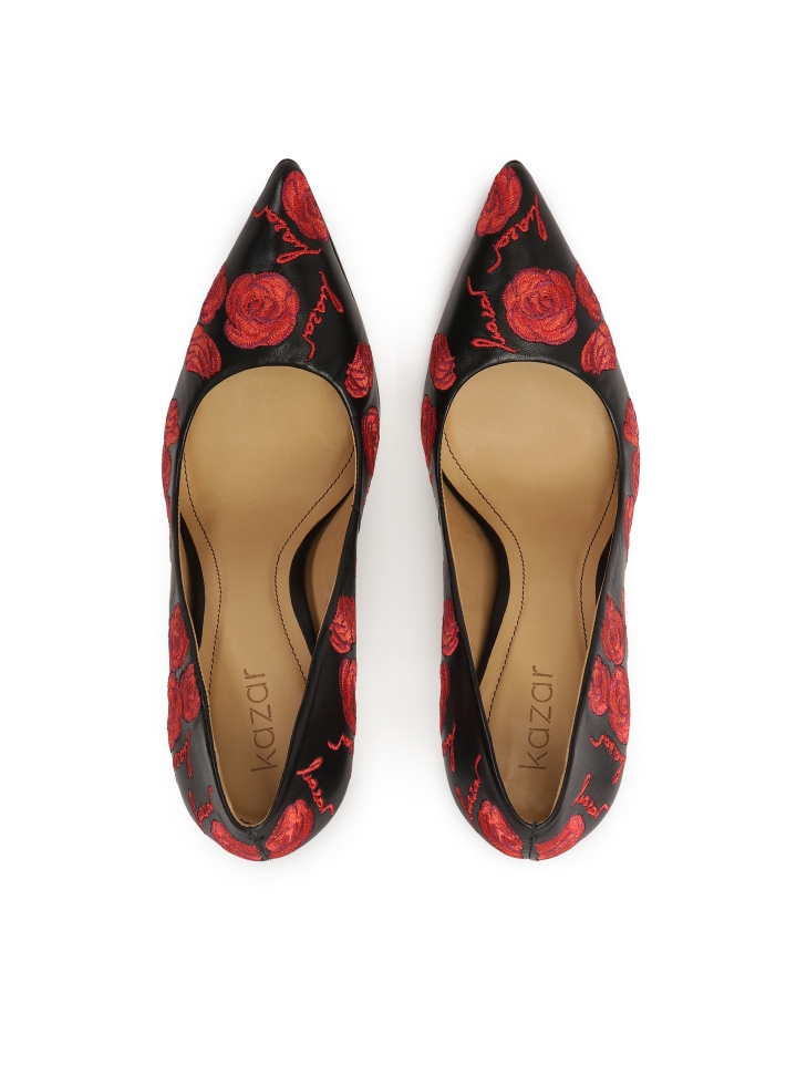 Elegantní černé jehlové podpatky s červenými květy NEW NATALIE