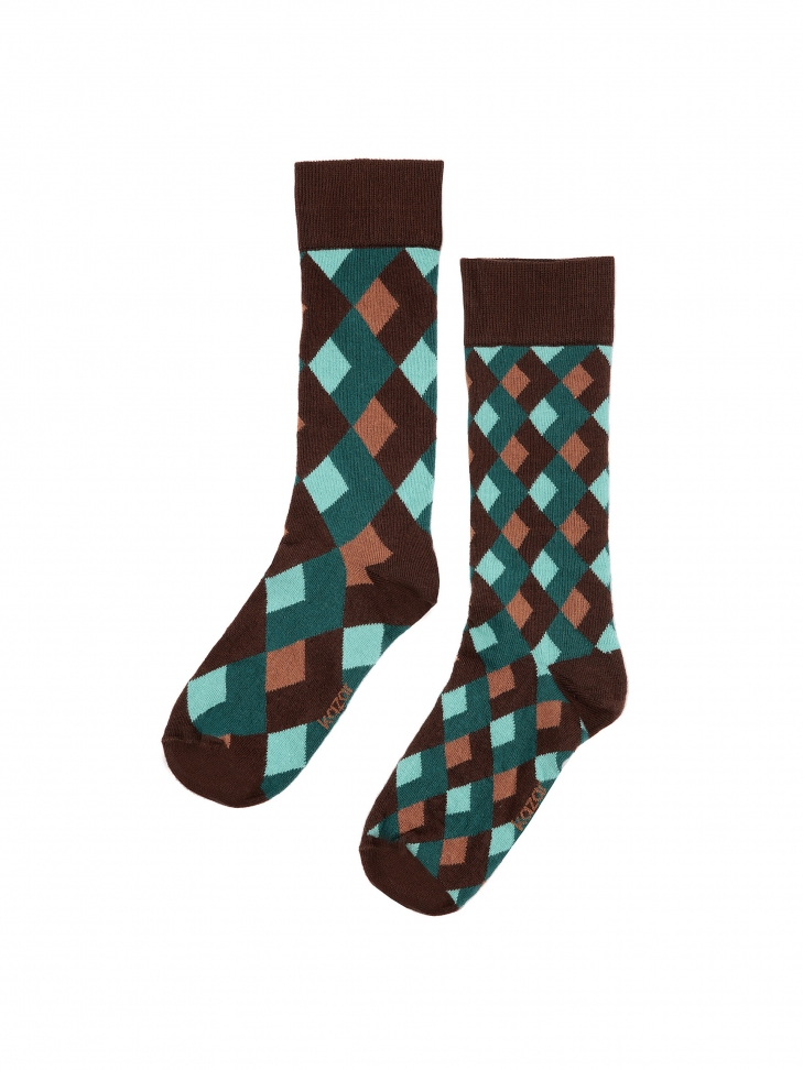 Hnědé a zelené ponožky s kosočtvercovým vzorem THAMES