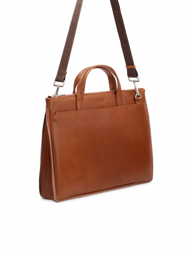 Hnědá kožená brašna na notebook a dokumenty TOMMASSO
