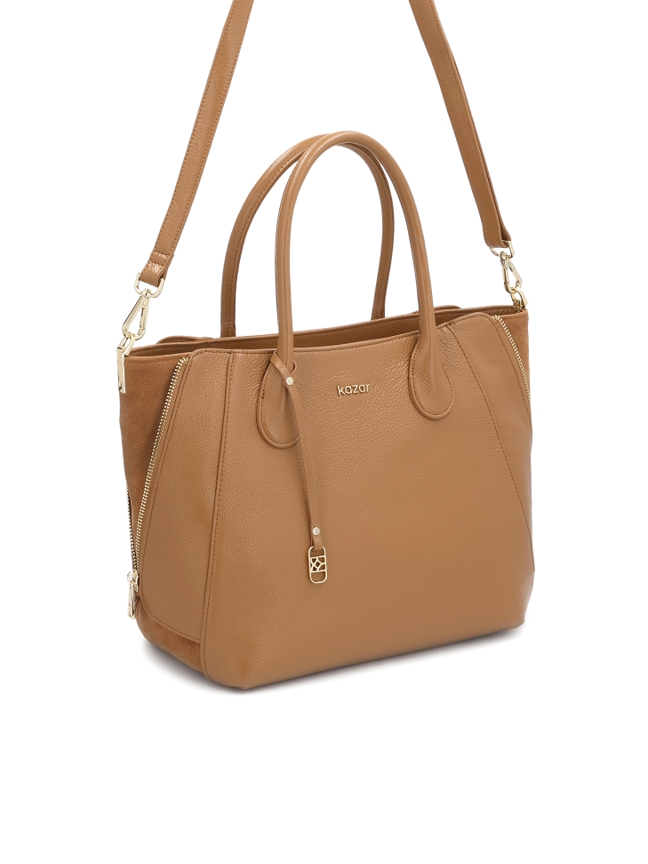 Světle hnědá kožená kabelka s kroužkem na klíče a rozšiřujícími se zámky MARIETTA